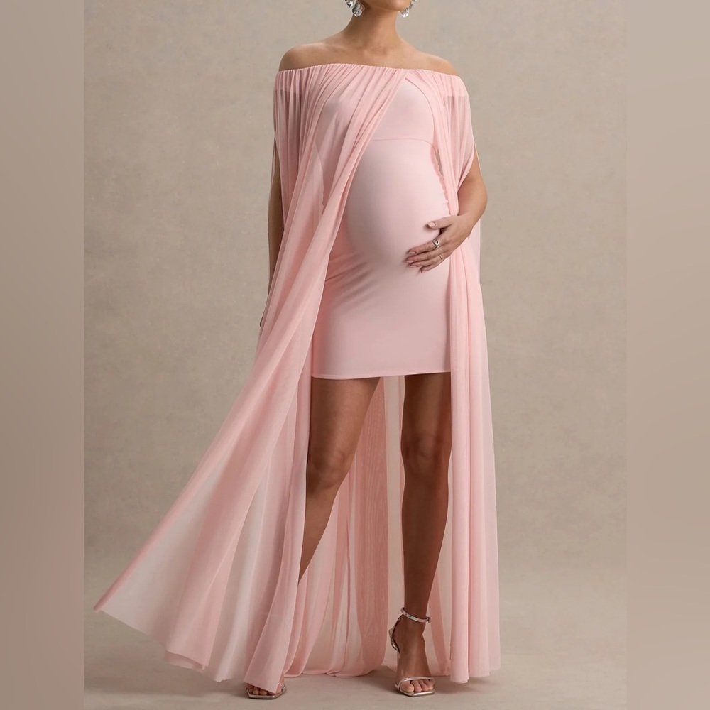 Club L London Off-Shoulder Pink Maternity Mini Dress with Draped Cape